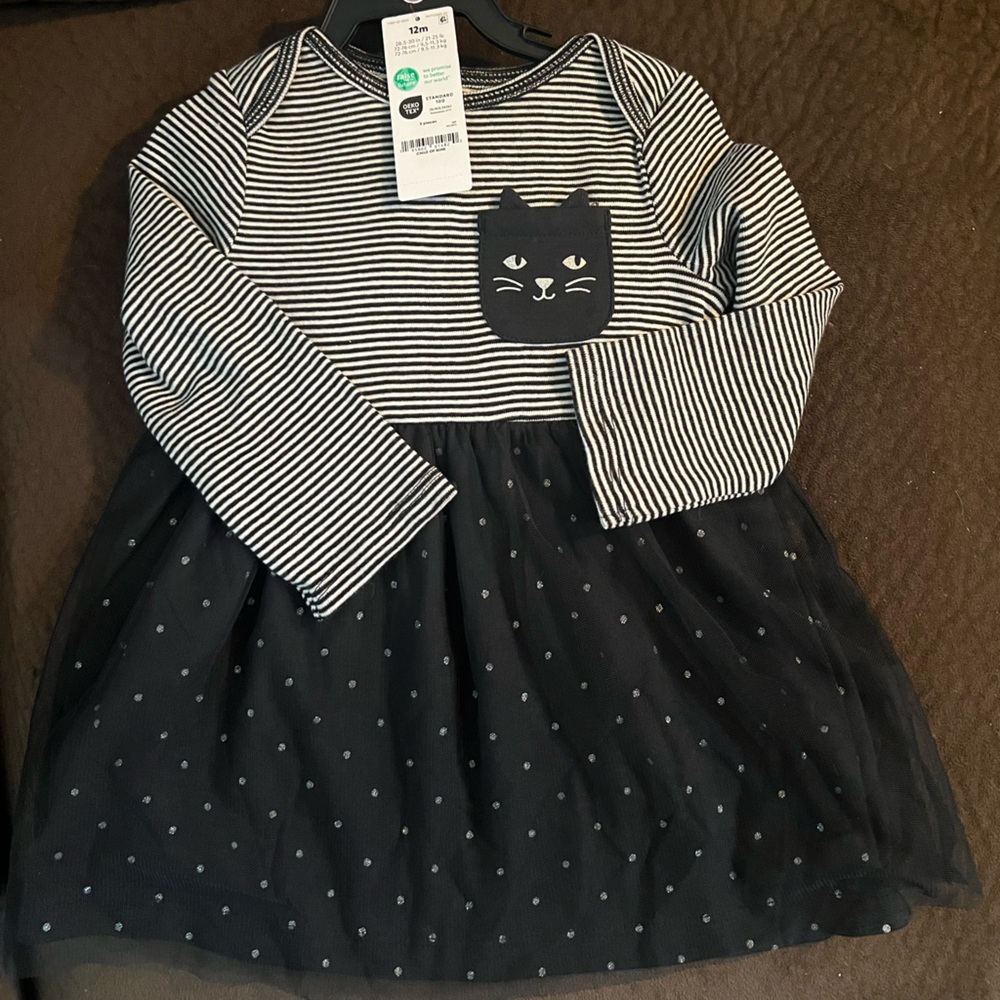 NWT Carter’s Baby Girl 2-Piece Black Cat Dress with Cotton Bloomers - 12 Months